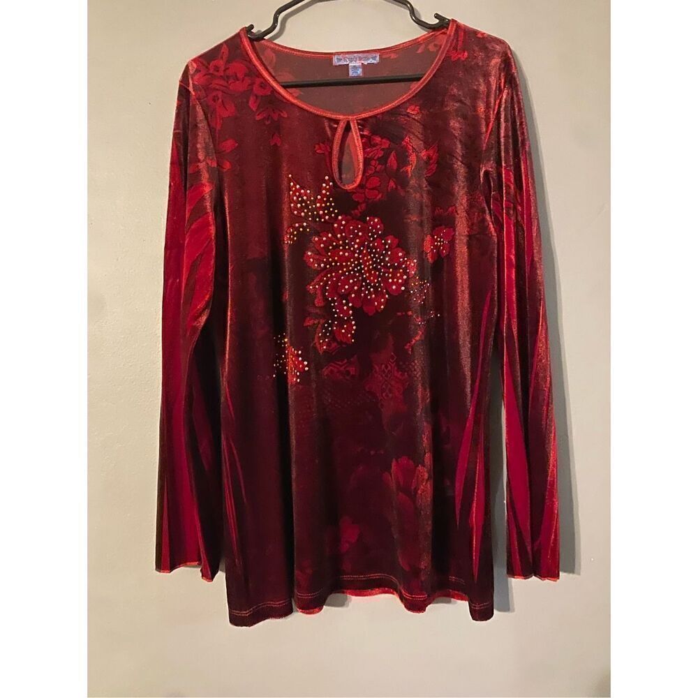 Simply Suzie Shirt Womens Large Faux Velvet Floral Bling Peasant Boho L
